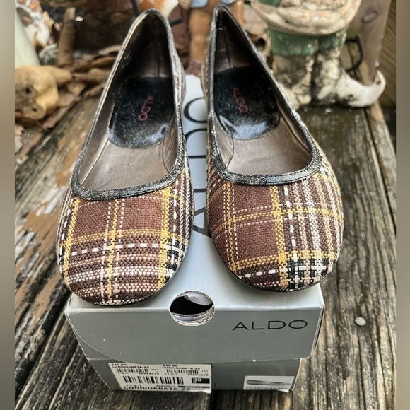 Aldo Plaid Ballet Flats Sz 8 EU 38 Brown Black Patent Round Toe Womens Shoes Box - Picture 1 of 9